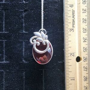 Vintage Sterling Silver/Polished Faceted Red Glass Pendant & Necklace Tested+